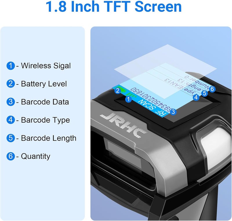 JRHC Barcode Scanner Wireless, Industrial 1D Laser Bar Code Scanners 2 in 1 Plug and Play Rugged Heavy Duty & IP65 Waterproof, Long-Distance Wireless Handheld Barcode Reader with 1.8" Screen - Image 3